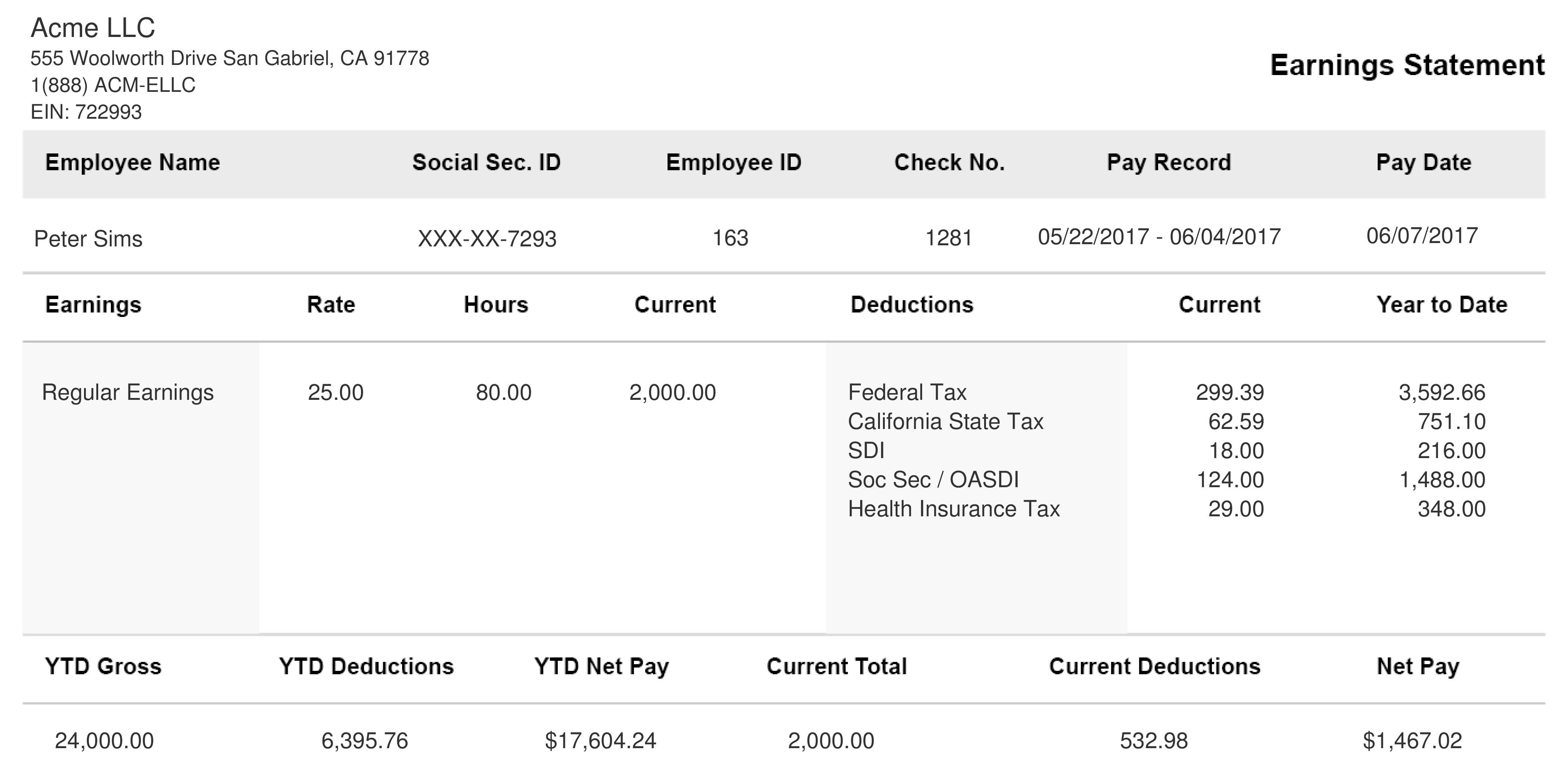 Free Printable Simple Salary Pay Stub For Check Templates