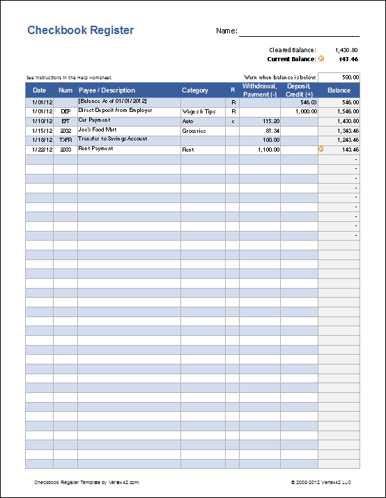 Free Excel Checkbook Register Template